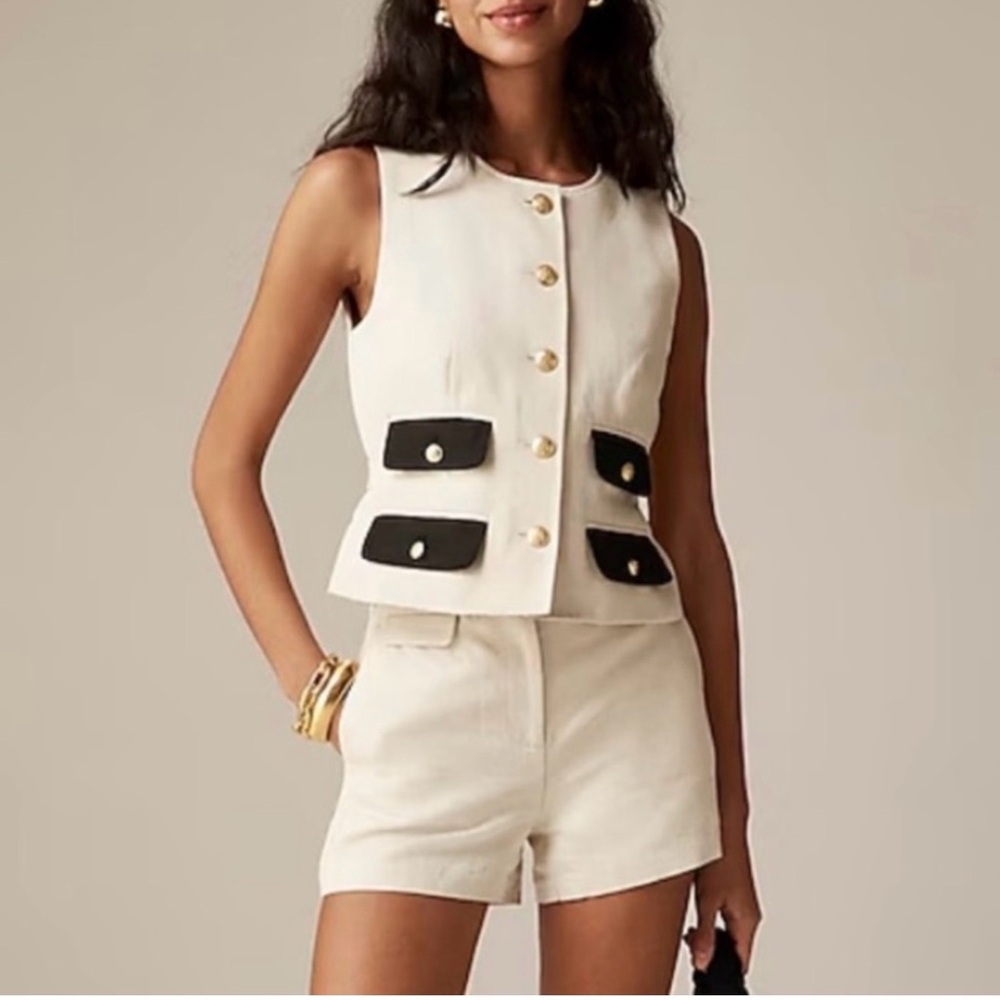 Cream Sleeveless Button Front Vest with Black Pocket Accents